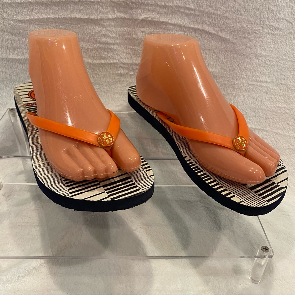 Tory Burch Thin Flat Thong Flip-Flops Flip Flops Sandals Orange Navy Size 8M EUC - Picture 2 of 11